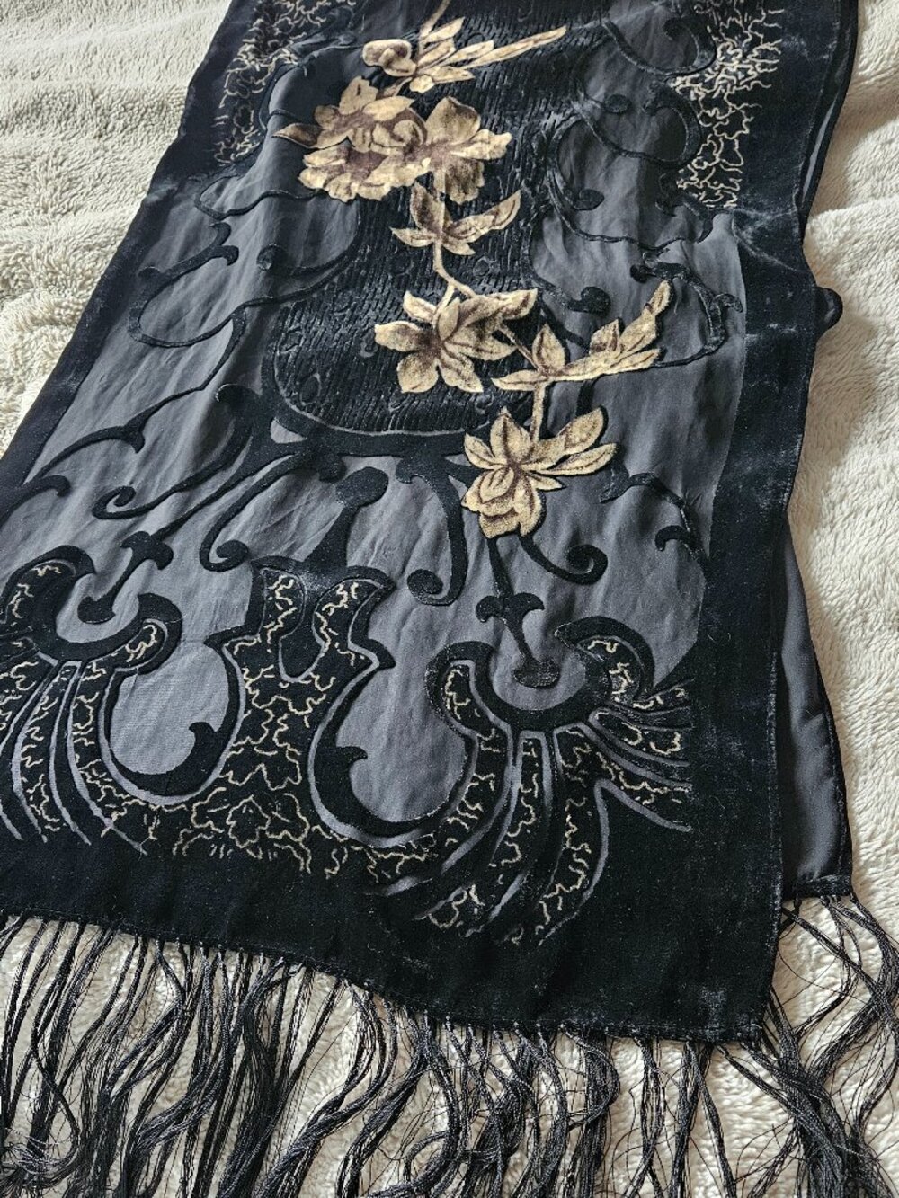 Toujours Elegant velvet and silk fringe shawl scarf in black and gold